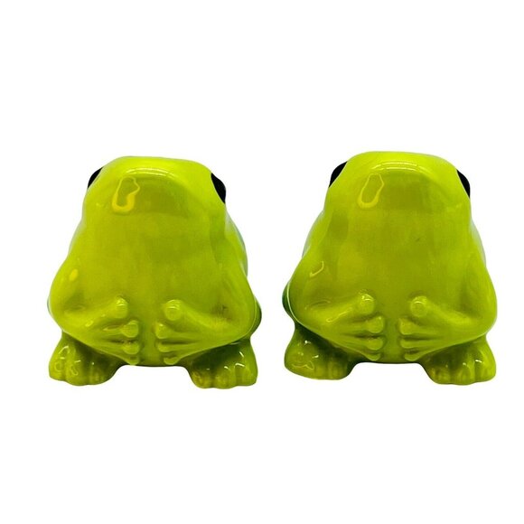 Green Frog Toad Blue Polka Dot Salt Pepper Shakers 1.75 inch Ceramic - Picture 3 of 8